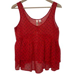 ROUTE 66 | Red & Black Side Ruffle Sheer Sleeveless Blouse | Size M